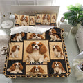 Cavalier King Charles bedding set displayed in a bright bedroom with matching pillowcases and dog artwork