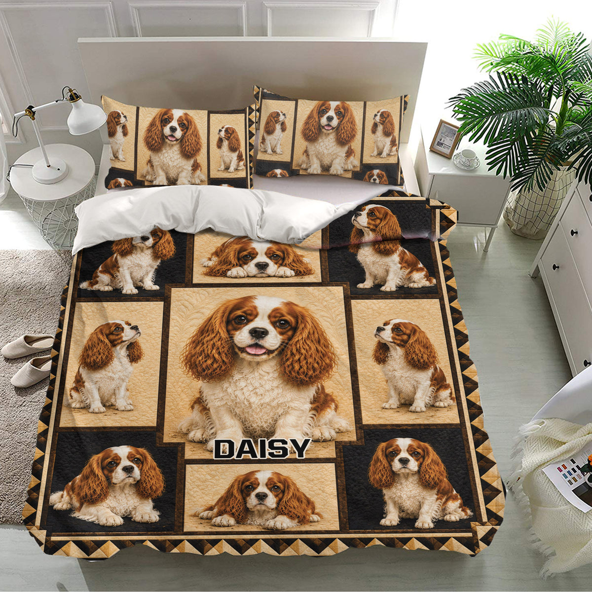 Cavalier King Charles bedding set displayed in a bright bedroom with matching pillowcases and dog artwork