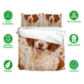 Brittany Spaniel bedding set shown with matching pillowcases alongside soft breathable and machine washable feature icons
