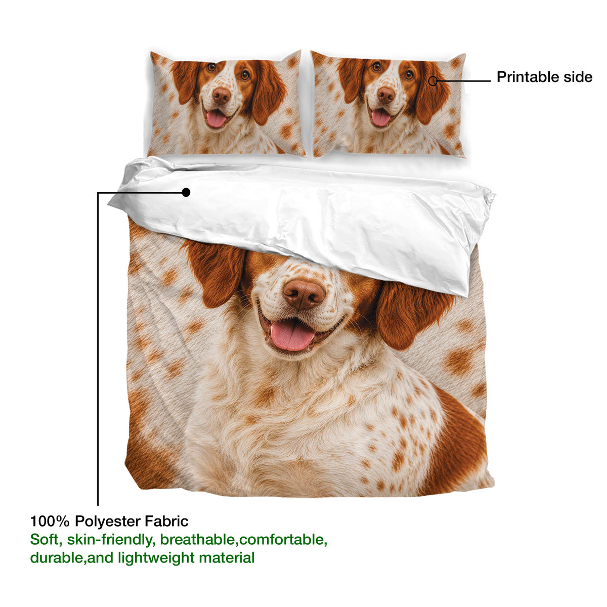 Brittany Spaniel duvet cover and matching pillowcases shown with a close-up printable dog portrait design