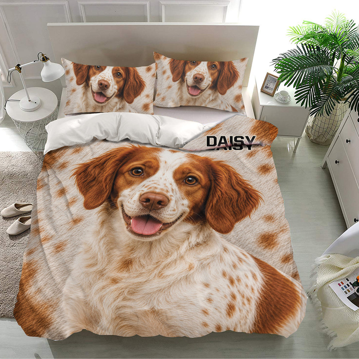 Brittany Spaniel bedding set presented in a bright bedroom with detailed brown and white dog artwork