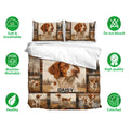 Brittany Spaniel bedding set shown with matching pillowcases and soft breathable fabric feature icons