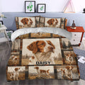 Brittany Spaniel duvet cover bedding set styled in a bedroom with rustic dog portrait artwork