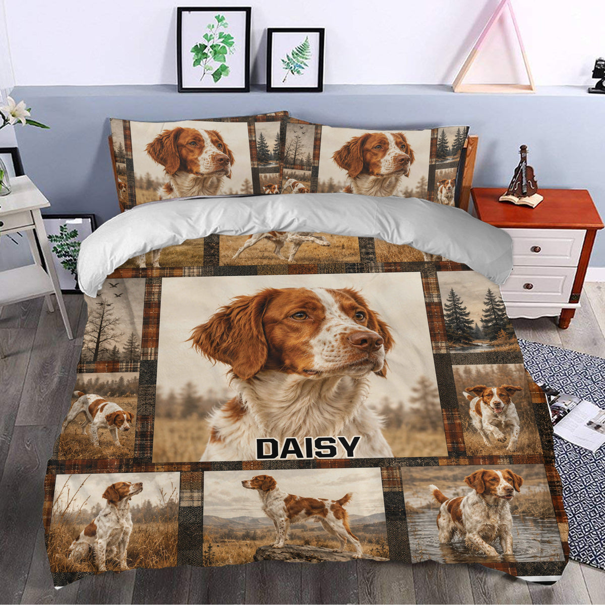 Brittany Spaniel duvet cover bedding set styled in a bedroom with rustic dog portrait artwork