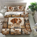 Brittany Spaniel bedding set presented in a bright bedroom with field scenes and matching pillowcases