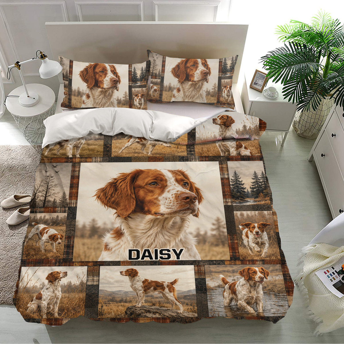 Brittany Spaniel bedding set presented in a bright bedroom with field scenes and matching pillowcases