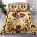 Brittany Spaniel duvet cover bedding set featuring a brown and white dog among sunflowers