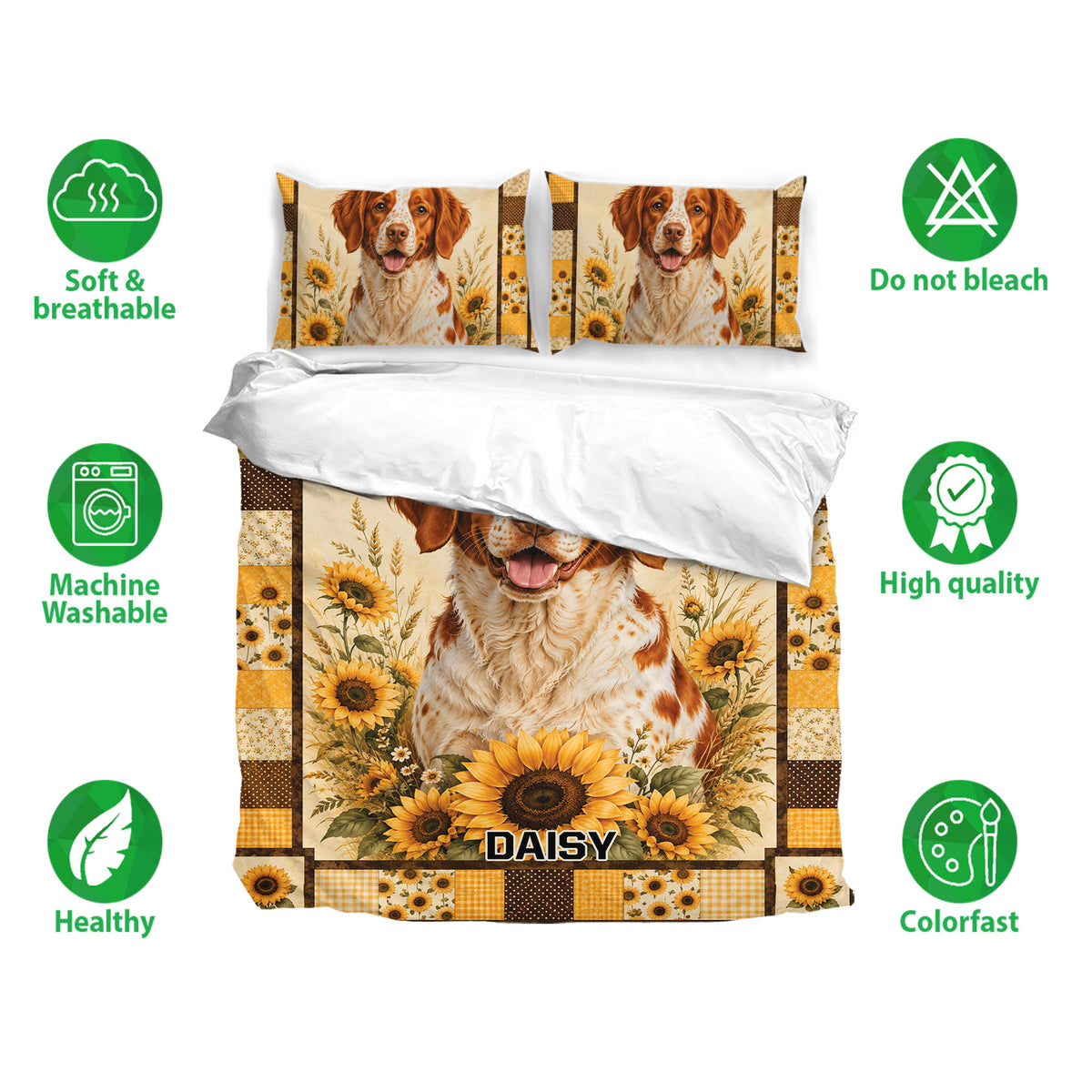 Brittany Spaniel duvet cover set with matching dog portrait pillowcases and sunflower artwork