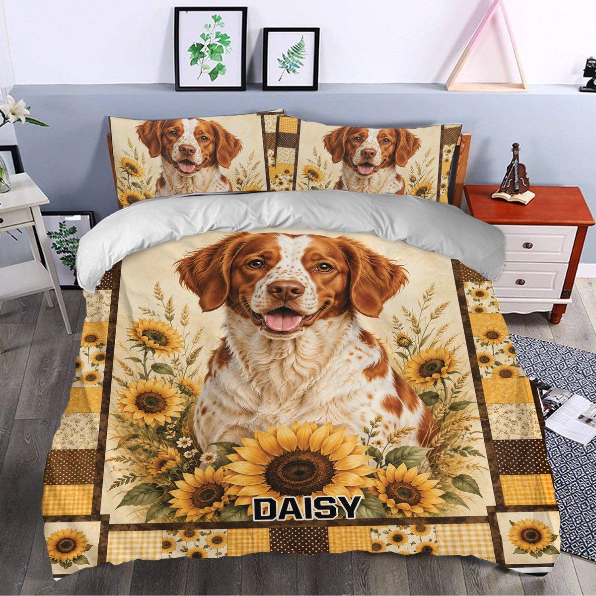 Brittany Spaniel duvet cover bedding styled in a bedroom with warm sunflower and rustic details