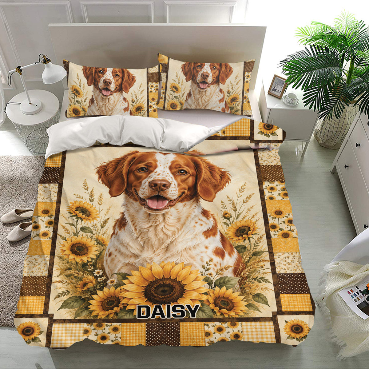 Brittany Spaniel duvet cover set displayed in a bright bedroom with matching sunflower pillowcases