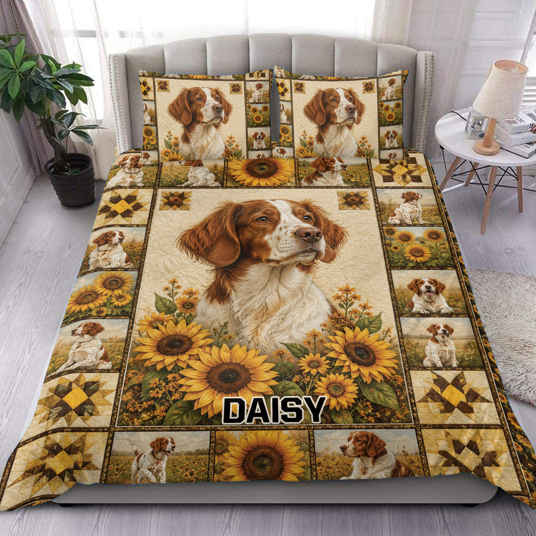 Brittany Spaniel duvet cover set displayed on a bed with sunflower fields and rustic patchwork artwork