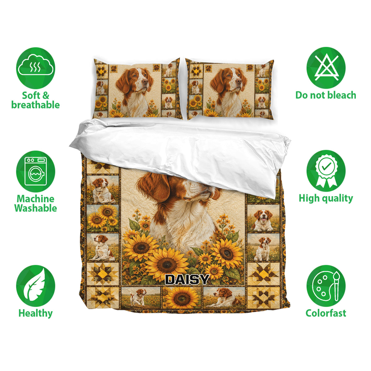 Brittany Spaniel bedding set shown with matching pillowcases, sunflower artwork, and soft breathable fabric
