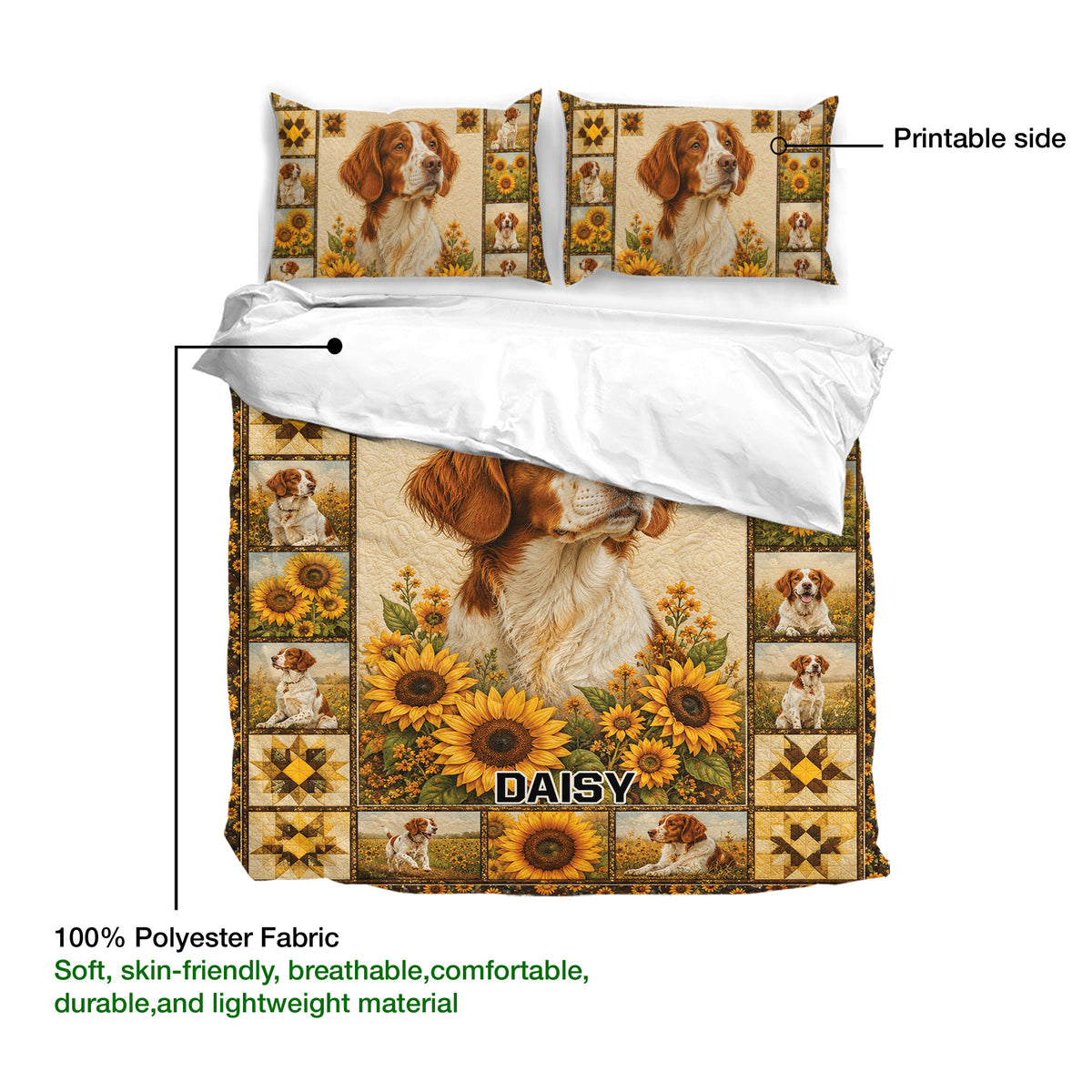 Brittany Spaniel duvet cover set showing the printed side, large dog portrait, sunflowers, and patchwork panels