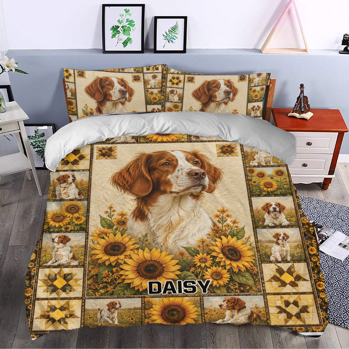 Brittany Spaniel bedding set styled in a bedroom with a large dog portrait and golden sunflower design