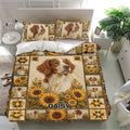 Brittany Spaniel duvet cover bedding set presented in a bright bedroom with matching dog portrait pillowcases