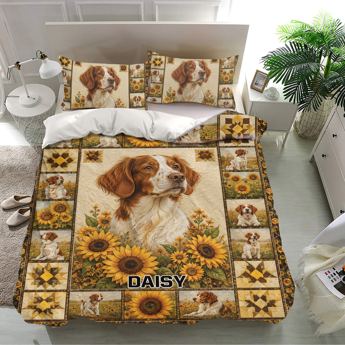 Brittany Spaniel duvet cover bedding set presented in a bright bedroom with matching dog portrait pillowcases