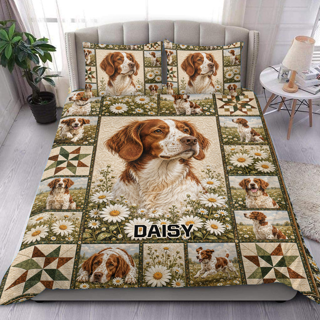 Brittany Spaniel duvet cover set with daisy fields, patchwork panels, and earthy bedroom decor