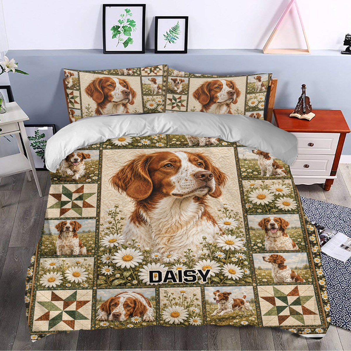 Brittany Spaniel duvet cover styled in a bright bedroom with daisies and rustic patchwork artwork
