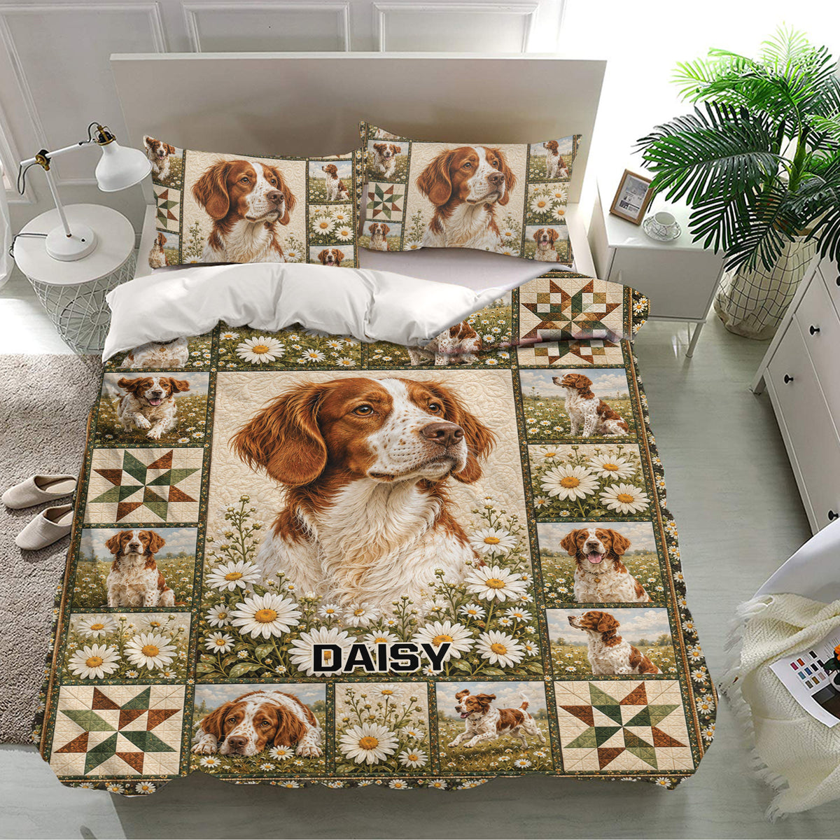 Brittany Spaniel bedding set in a modern bedroom with matching dog portrait pillowcases