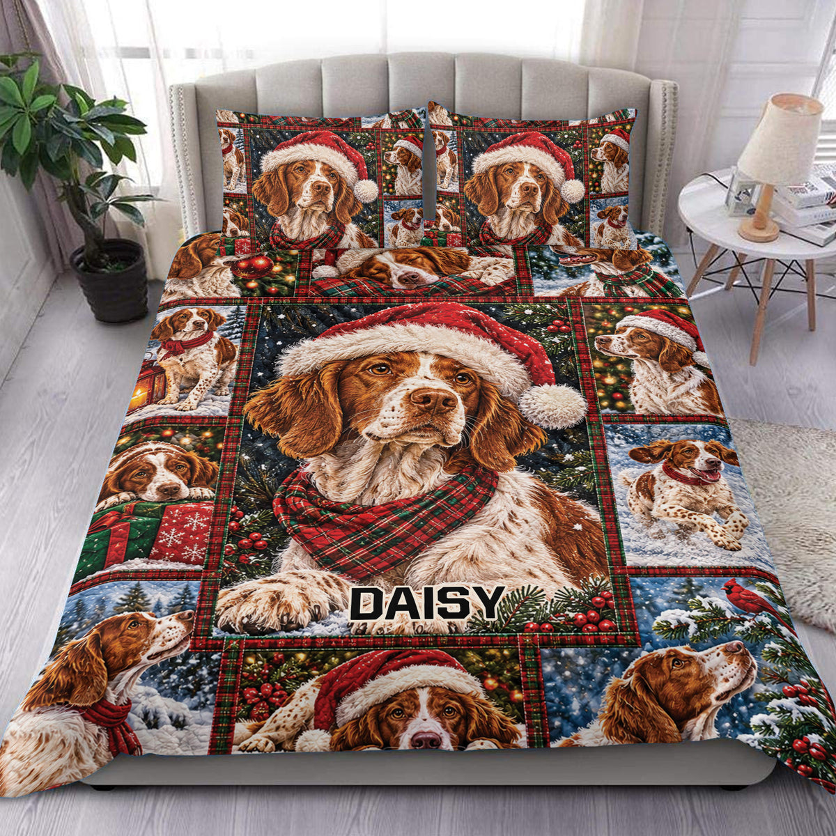 Brittany Spaniel Christmas duvet cover set displayed on a bed with festive tartan and holiday dog artwork