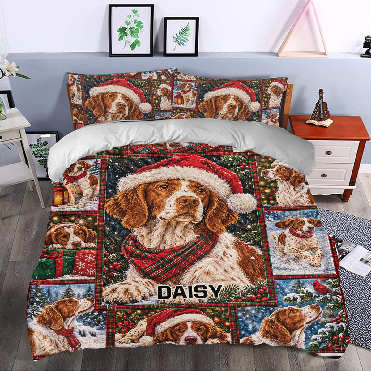 Brittany Spaniel Christmas duvet cover styled in a bedroom with red tartan, snow, and holiday scenes