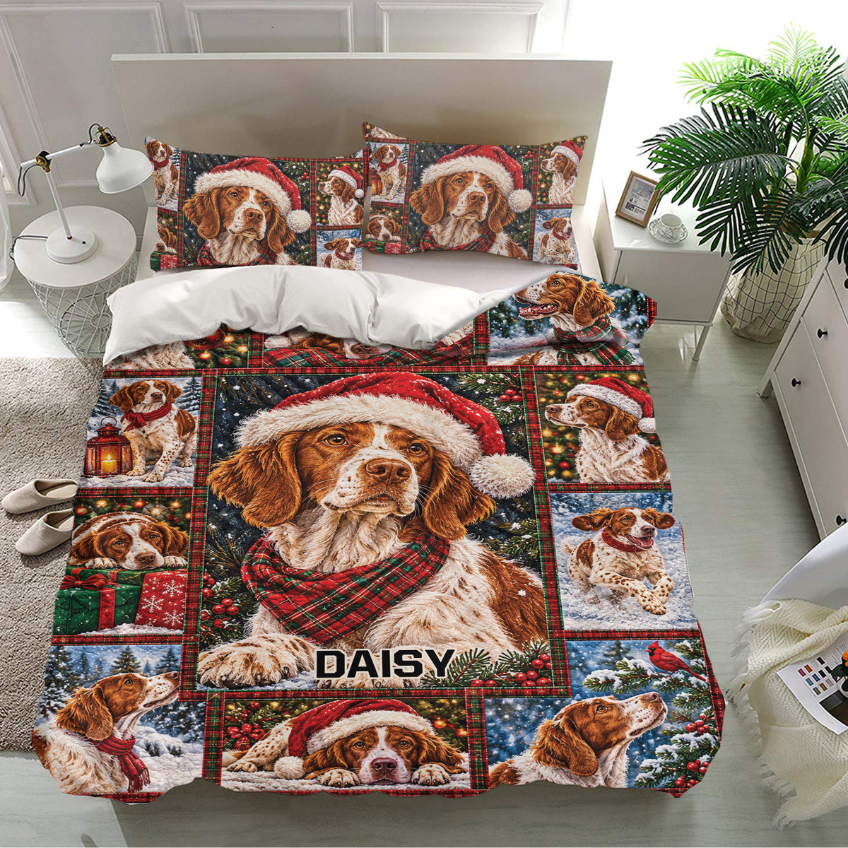 Brittany Spaniel Christmas bedding set presented in a bright bedroom with festive dog collage artwork