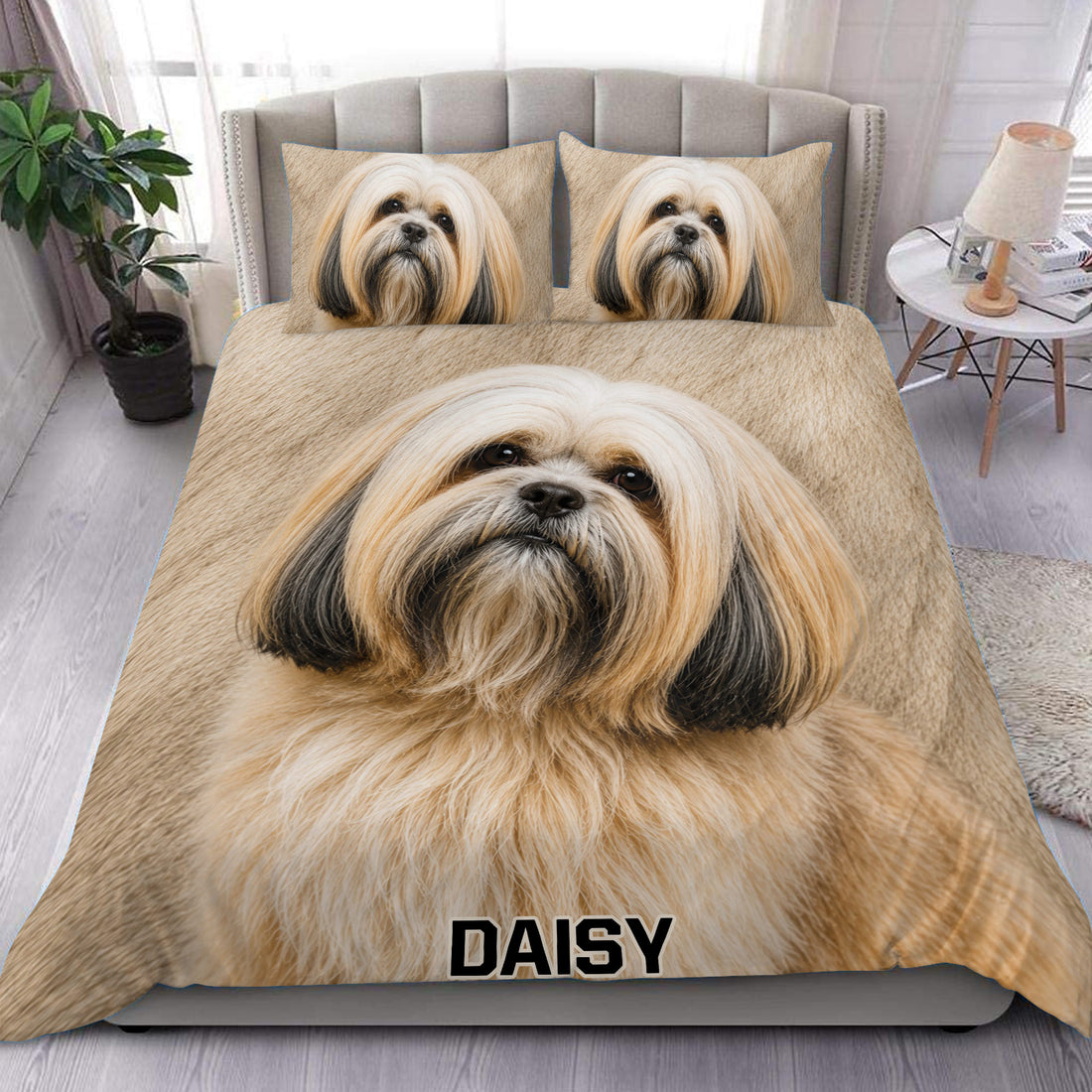 Lhasa Apso duvet cover set displayed on a bed with matching dog portrait pillowcases in warm beige tones