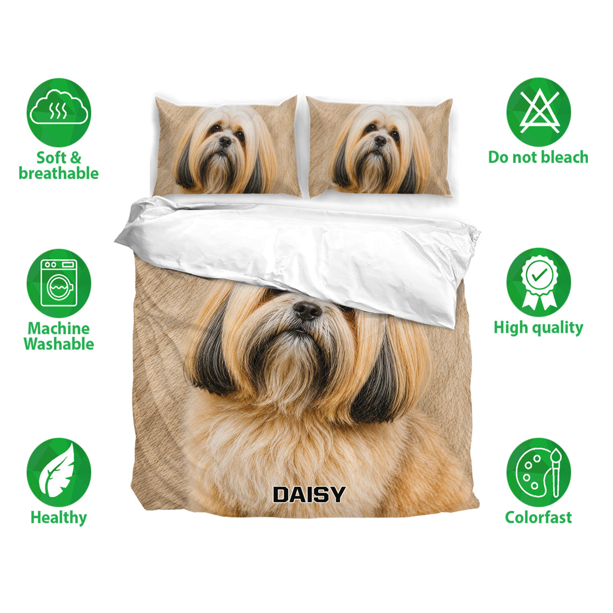 Lhasa Apso bedding set shown with matching pillowcases and soft beige dog portrait artwork