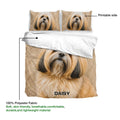 Lhasa Apso duvet cover and pillowcases displayed with a close-up dog portrait and fabric detail