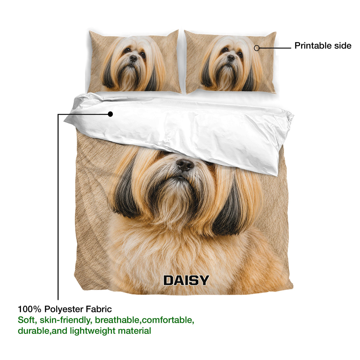 Lhasa Apso duvet cover and pillowcases displayed with a close-up dog portrait and fabric detail