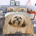 Lhasa Apso duvet cover set styled in a bedroom with matching portrait pillowcases and warm neutral decor