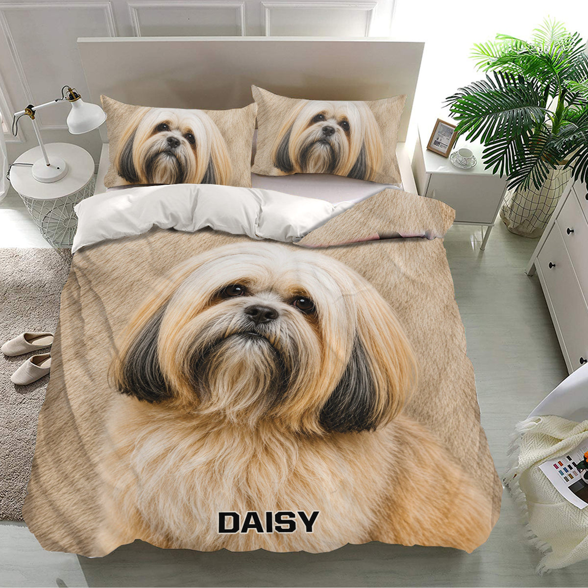 Lhasa Apso bedding set presented in a bright bedroom with large dog portrait artwork and matching pillowcases