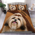Lhasa Apso duvet cover set displayed on a bed with a realistic dog portrait and rich brown leather-inspired design