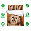 Lhasa Apso bedding set shown with matching pillowcases, breathable fabric icons, and a rich brown dog portrait design
