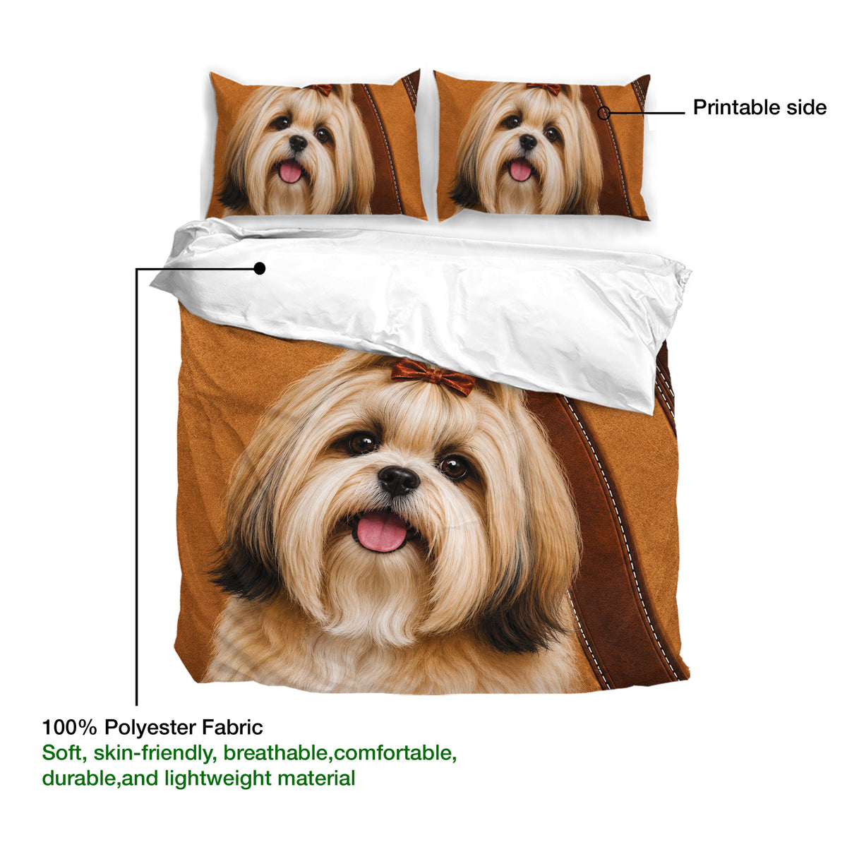 Lhasa Apso duvet cover with matching pillowcases, printable surface, and soft lightweight polyester fabric detail