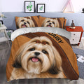 Lhasa Apso duvet cover set styled in a bedroom with a large dog portrait, brown panels, and matching pillowcases