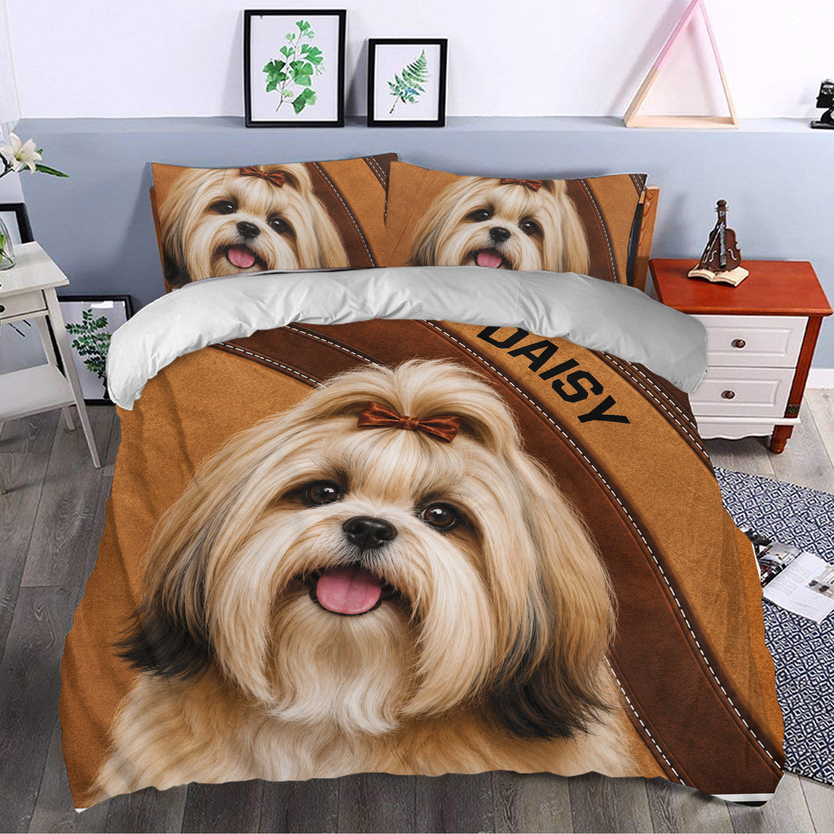 Lhasa Apso duvet cover set styled in a bedroom with a large dog portrait, brown panels, and matching pillowcases
