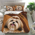 Lhasa Apso bedding set presented in a bright bedroom with matching dog portrait pillowcases and brown decorative panels