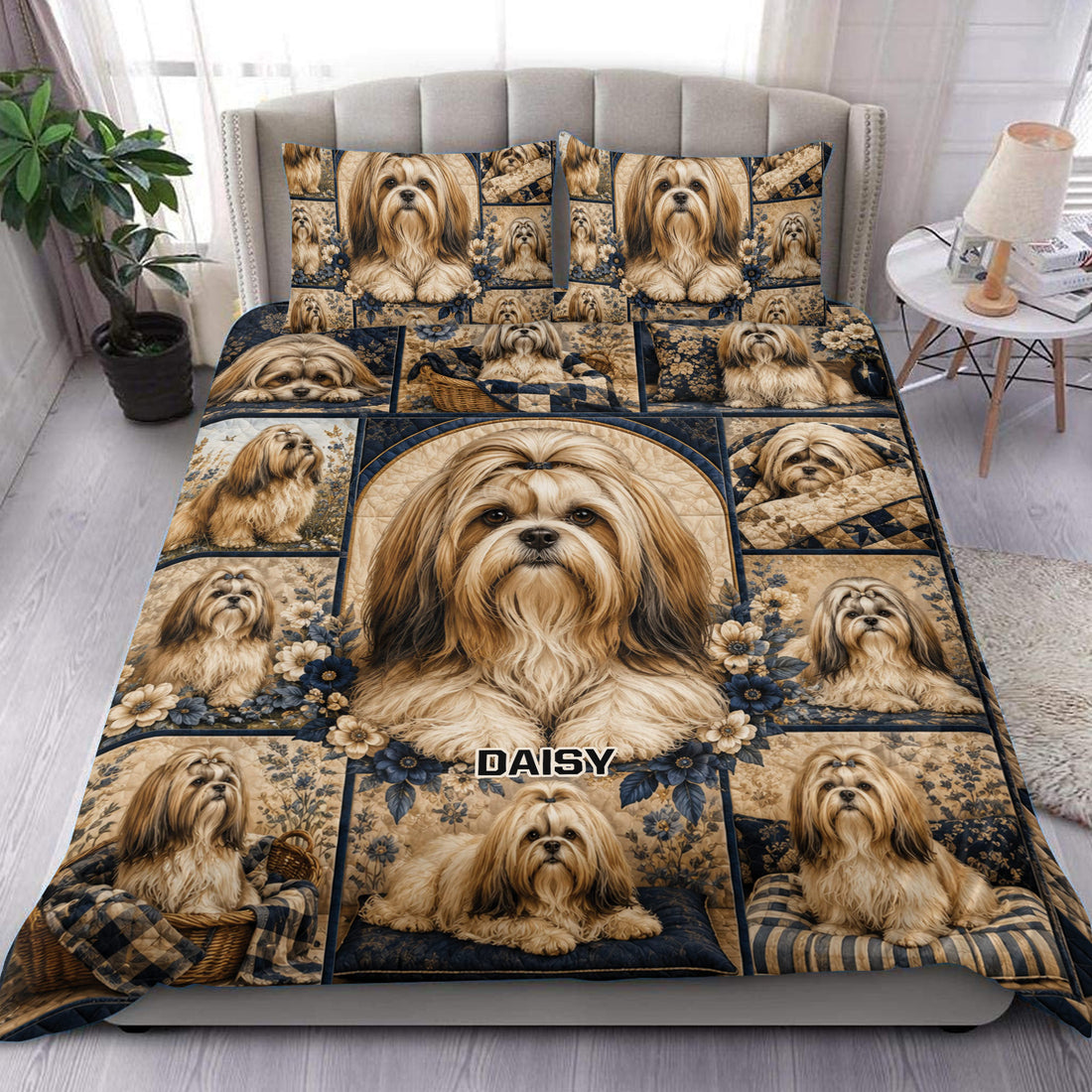 Lhasa Apso duvet cover set displayed on a bed with floral patchwork artwork in navy, tan, and cream