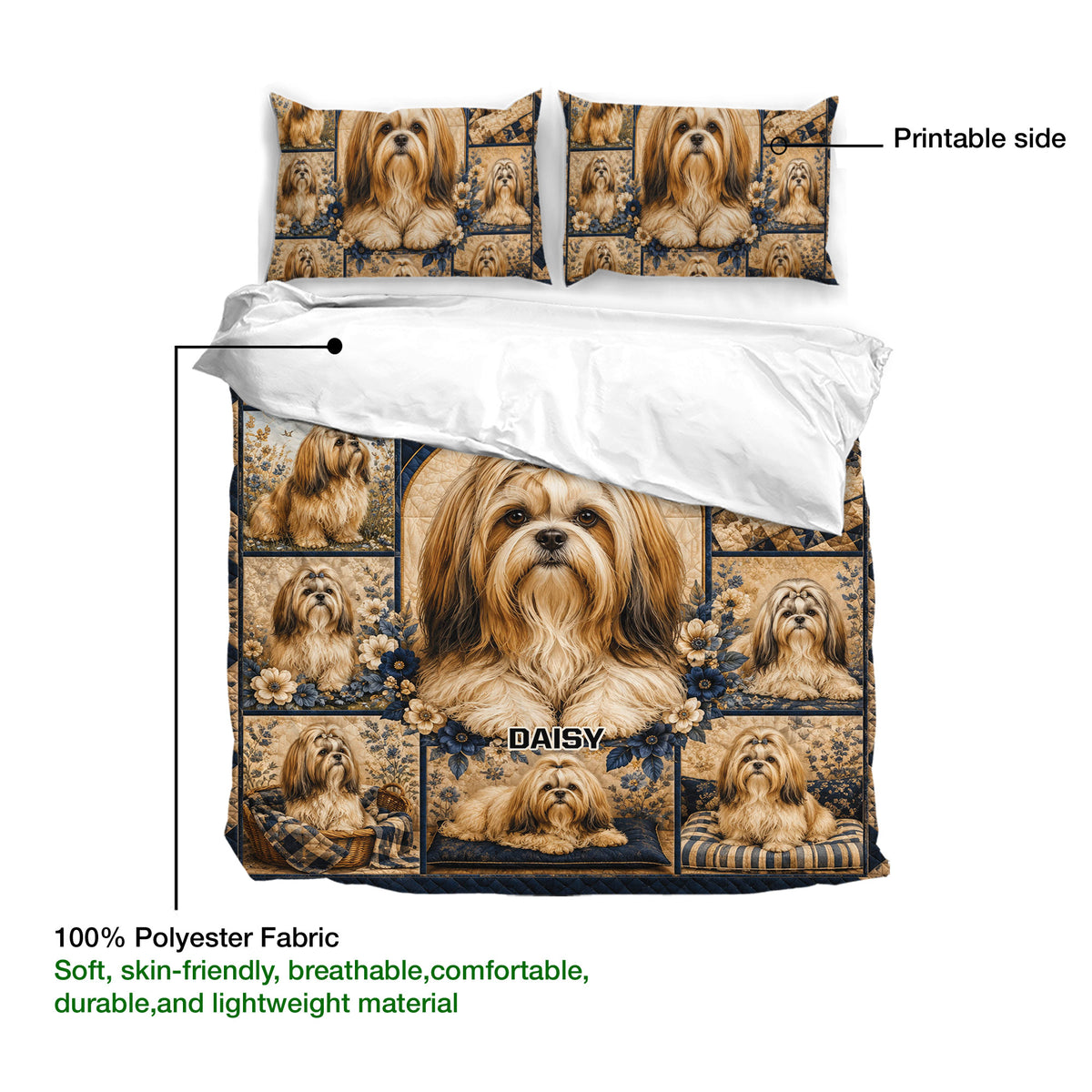 Lhasa Apso duvet cover bedding set showing the printed side and soft polyester fabric details