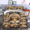Lhasa Apso duvet cover styled in a bedroom with floral dog portraits and navy patchwork accents