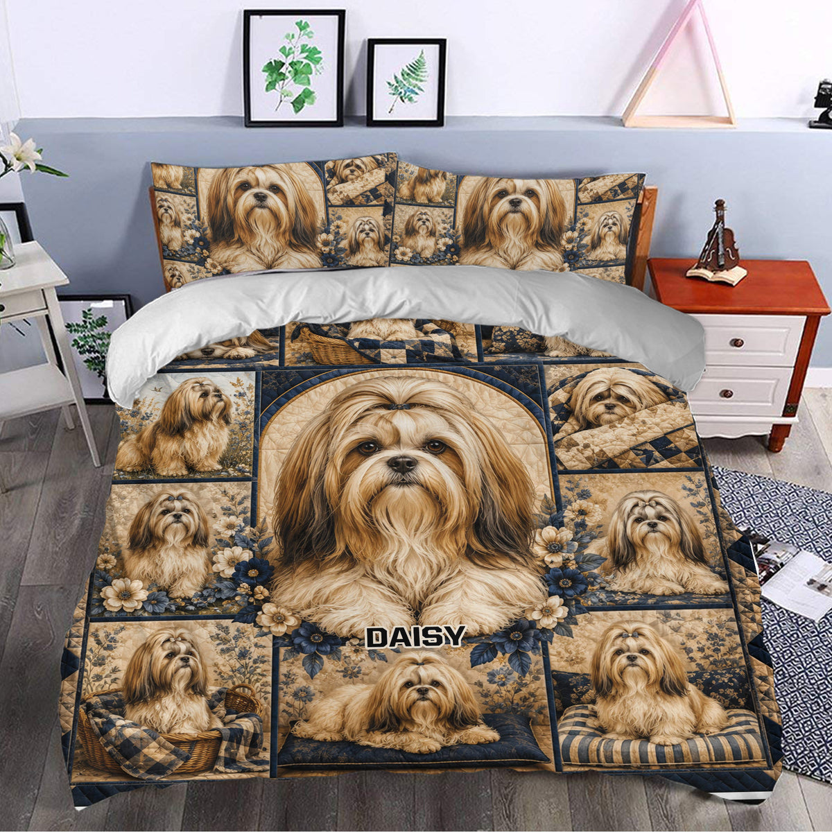 Lhasa Apso duvet cover styled in a bedroom with floral dog portraits and navy patchwork accents