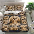 Lhasa Apso bedding set presented in a bright bedroom with matching pillowcases and floral dog artwork