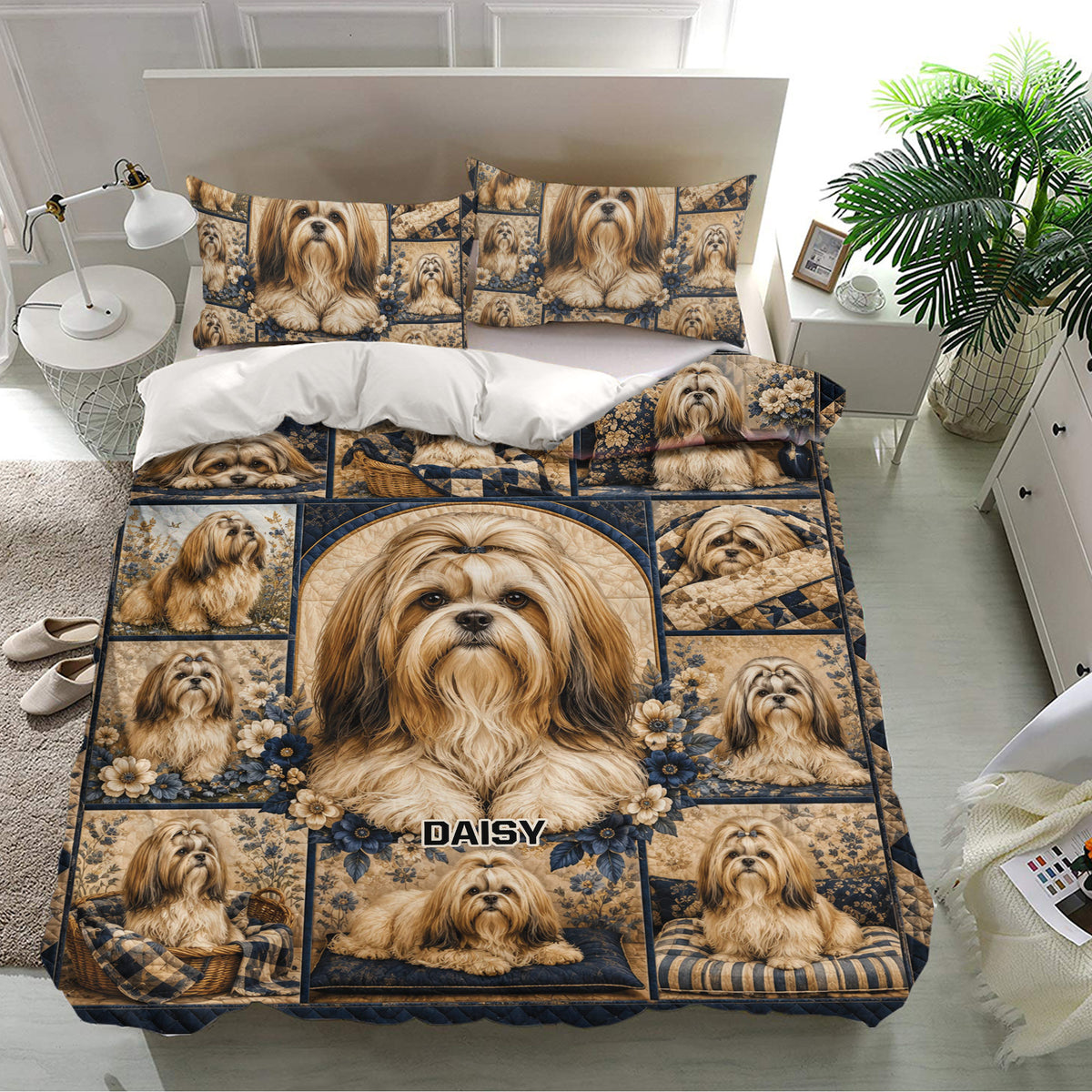 Lhasa Apso bedding set presented in a bright bedroom with matching pillowcases and floral dog artwork