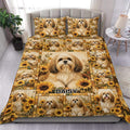 Lhasa Apso duvet cover set displayed on a bed with sunflower collage artwork in warm golden tones