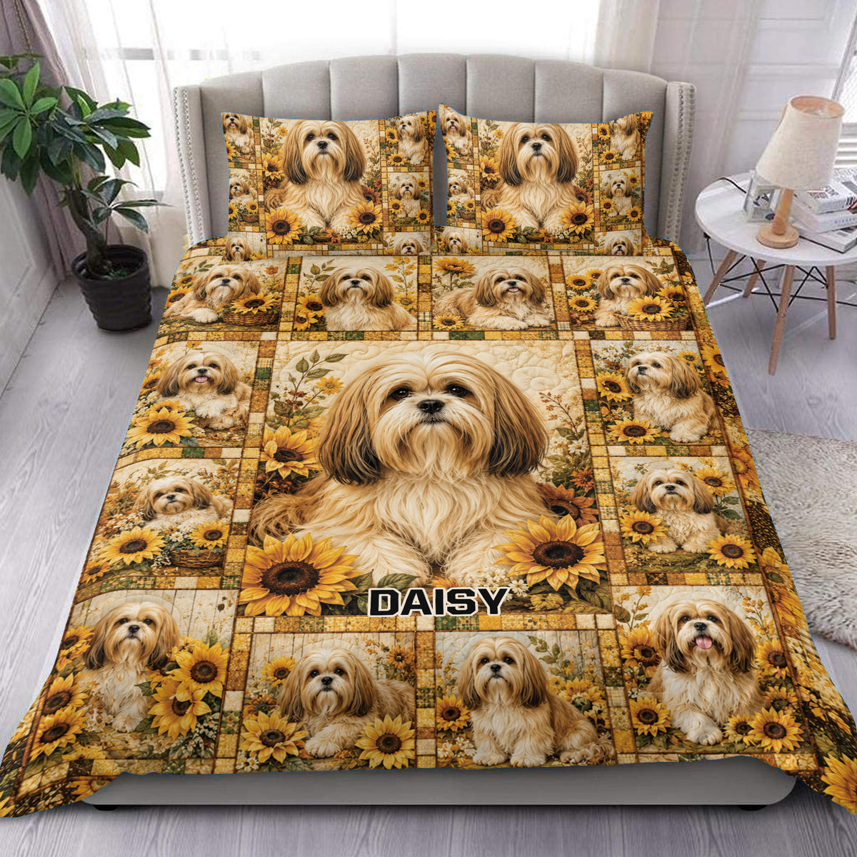 Lhasa Apso duvet cover set displayed on a bed with sunflower collage artwork in warm golden tones