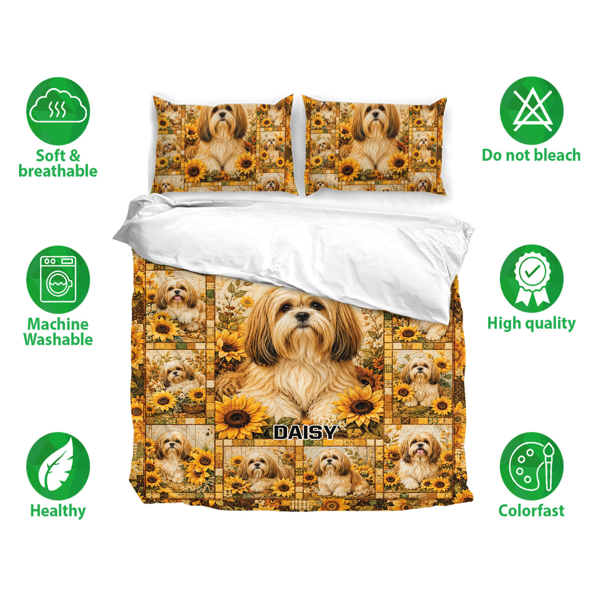 Lhasa Apso bedding set with sunflower artwork, coordinating pillowcases, and soft breathable fabric icons