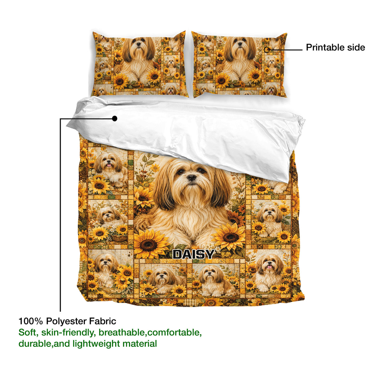 Lhasa Apso duvet cover with sunflower collage artwork, printable side detail, and polyester fabric callout