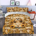 Lhasa Apso duvet cover set styled in a bedroom with warm sunflower and dog artwork