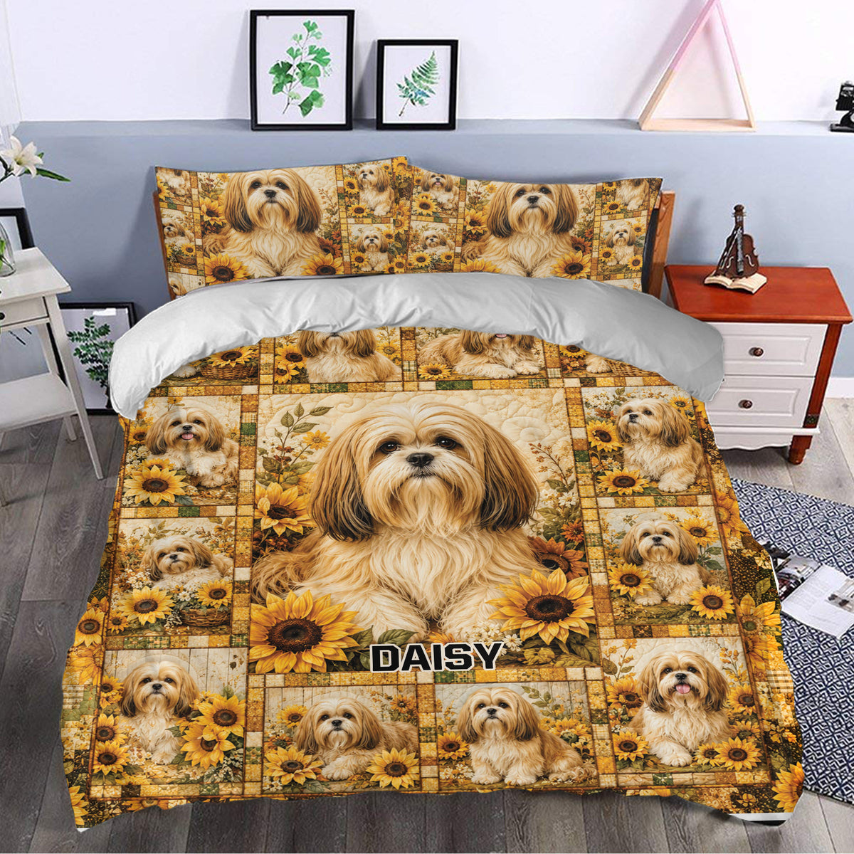 Lhasa Apso duvet cover set styled in a bedroom with warm sunflower and dog artwork